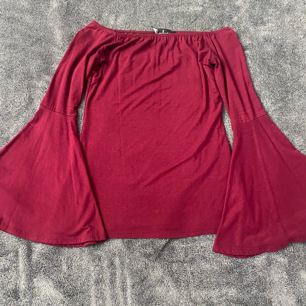 Lulus Burgundy‎ Off-The-Shoulder Bell Sleeve Top - Size Small Boho Flirty